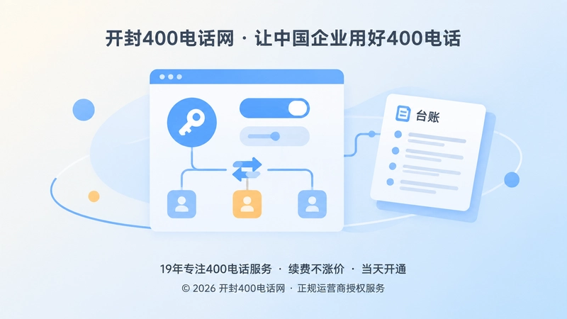 抽象管理面板、钥匙、开关与转接箭头组成账户控制链图形，旁侧是台账卡片